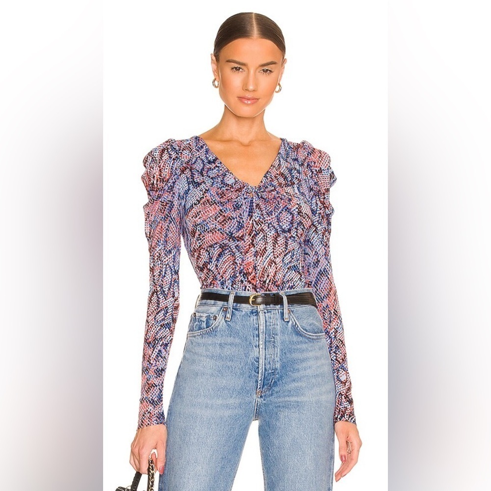 NWOT Diane von Furstenberg Roland ruched printed mesh bodysuit, Size M